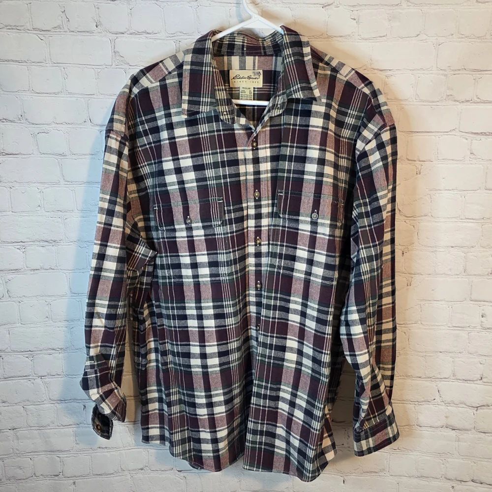 Eddie Bauer Men's Plaid Button Up Flannel - Burgundy, Navy, Cream, Size XL